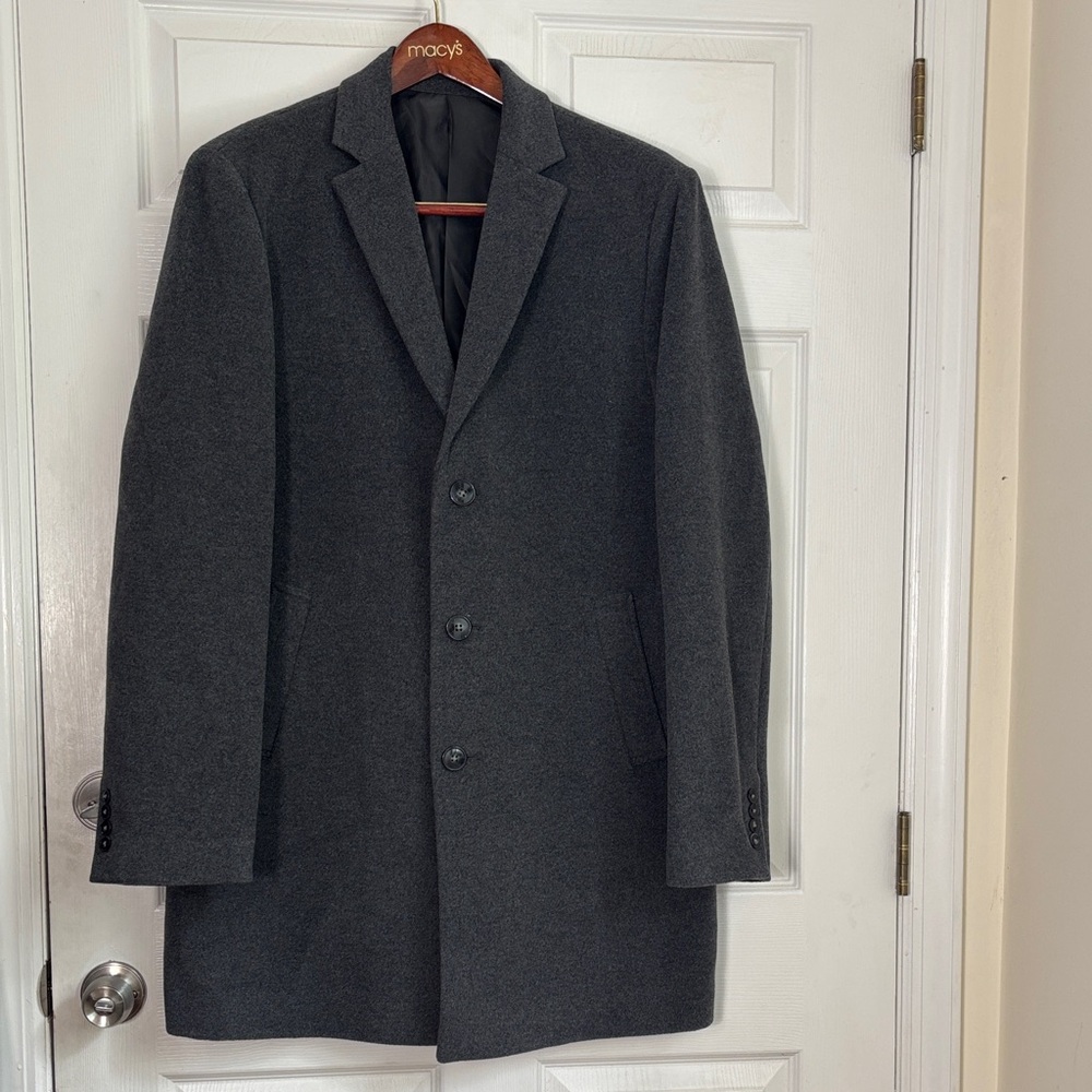 CALVIN KLEIN Slim Fit gray wool blend long jacket 44L peacoat 3 button long coat
